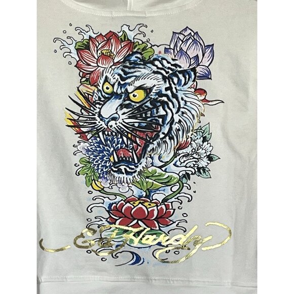 Ed Hardy White Tiger Rose 100%Cotton Drawstring Zip Crop Hoodie Jacket Sz L - Picture 11 of 11